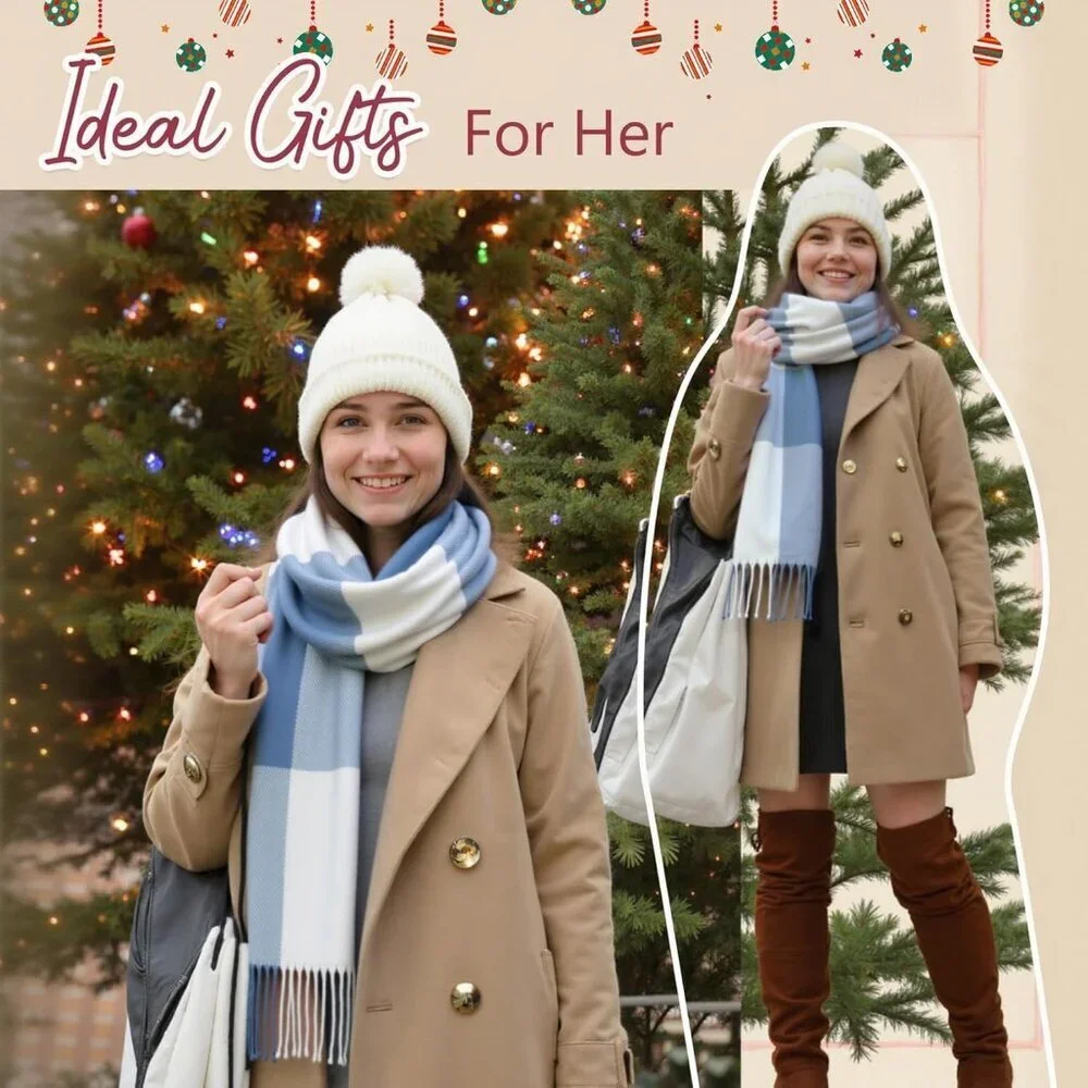 Women's blue White Lattice Scarf Fashion Long Plaid Shawls Wraps Big Grid Winter